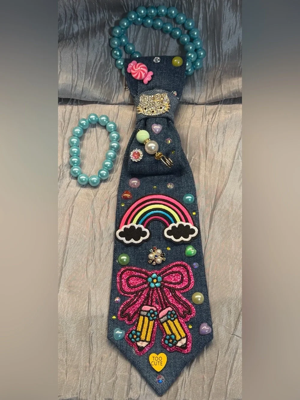 Kid Denim Tie Necklace& Bracelet Set Rainbow Pencil Bow Bling